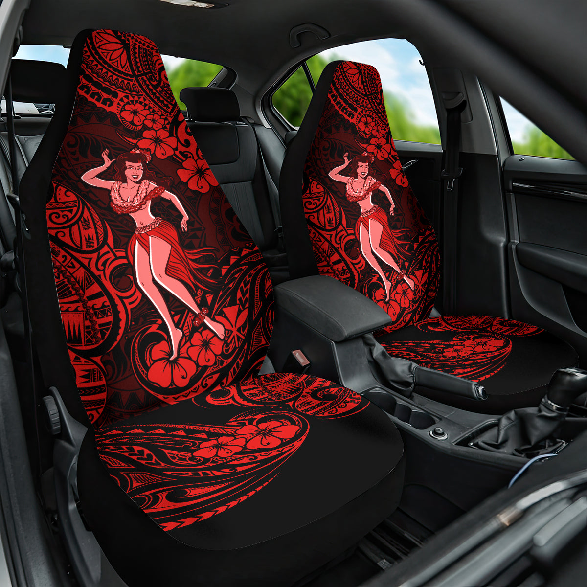 Hawaii Hula Girl Car Seat Cover Hibiscus Hawaii Tribal Tattoo Red Version - Wonder Print Shop