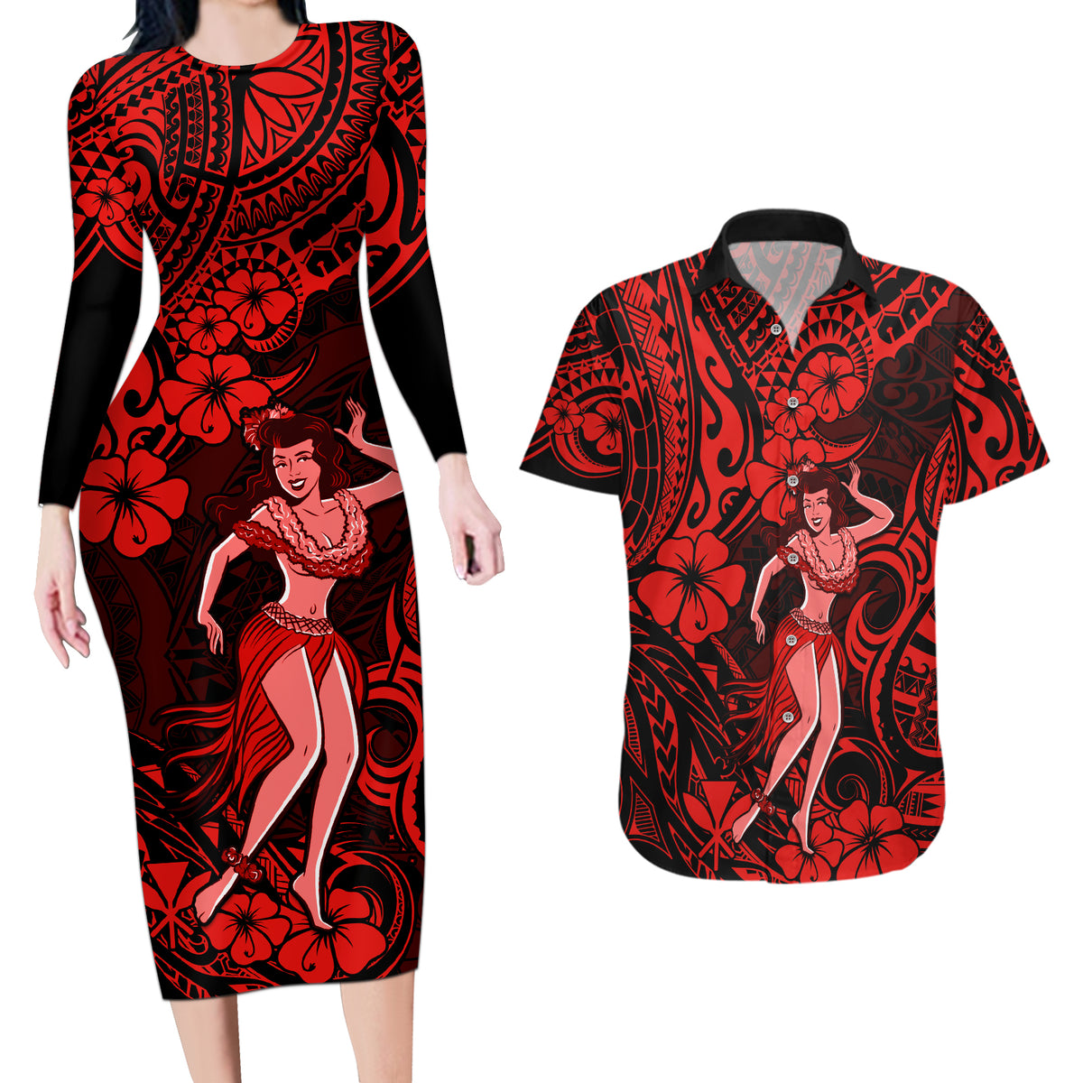 Hawaii Hula Girl Couples Matching Long Sleeve Bodycon Dress and Hawaiian Shirt Hibiscus Hawaii Tribal Tattoo Red Version - Wonder Print Shop
