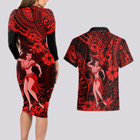 Hawaii Hula Girl Couples Matching Long Sleeve Bodycon Dress and Hawaiian Shirt Hibiscus Hawaii Tribal Tattoo Red Version - Wonder Print Shop