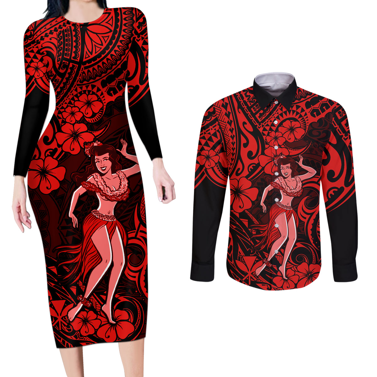 Hawaii Hula Girl Couples Matching Long Sleeve Bodycon Dress and Long Sleeve Button Shirts Hibiscus Hawaii Tribal Tattoo Red Version - Wonder Print Shop