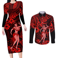 Hawaii Hula Girl Couples Matching Long Sleeve Bodycon Dress and Long Sleeve Button Shirts Hibiscus Hawaii Tribal Tattoo Red Version - Wonder Print Shop