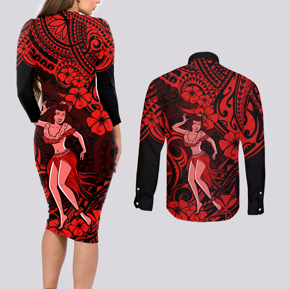 Hawaii Hula Girl Couples Matching Long Sleeve Bodycon Dress and Long Sleeve Button Shirts Hibiscus Hawaii Tribal Tattoo Red Version - Wonder Print Shop