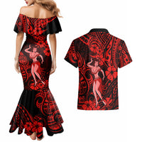 Hawaii Hula Girl Couples Matching Mermaid Dress and Hawaiian Shirt Hibiscus Hawaii Tribal Tattoo Red Version - Wonder Print Shop
