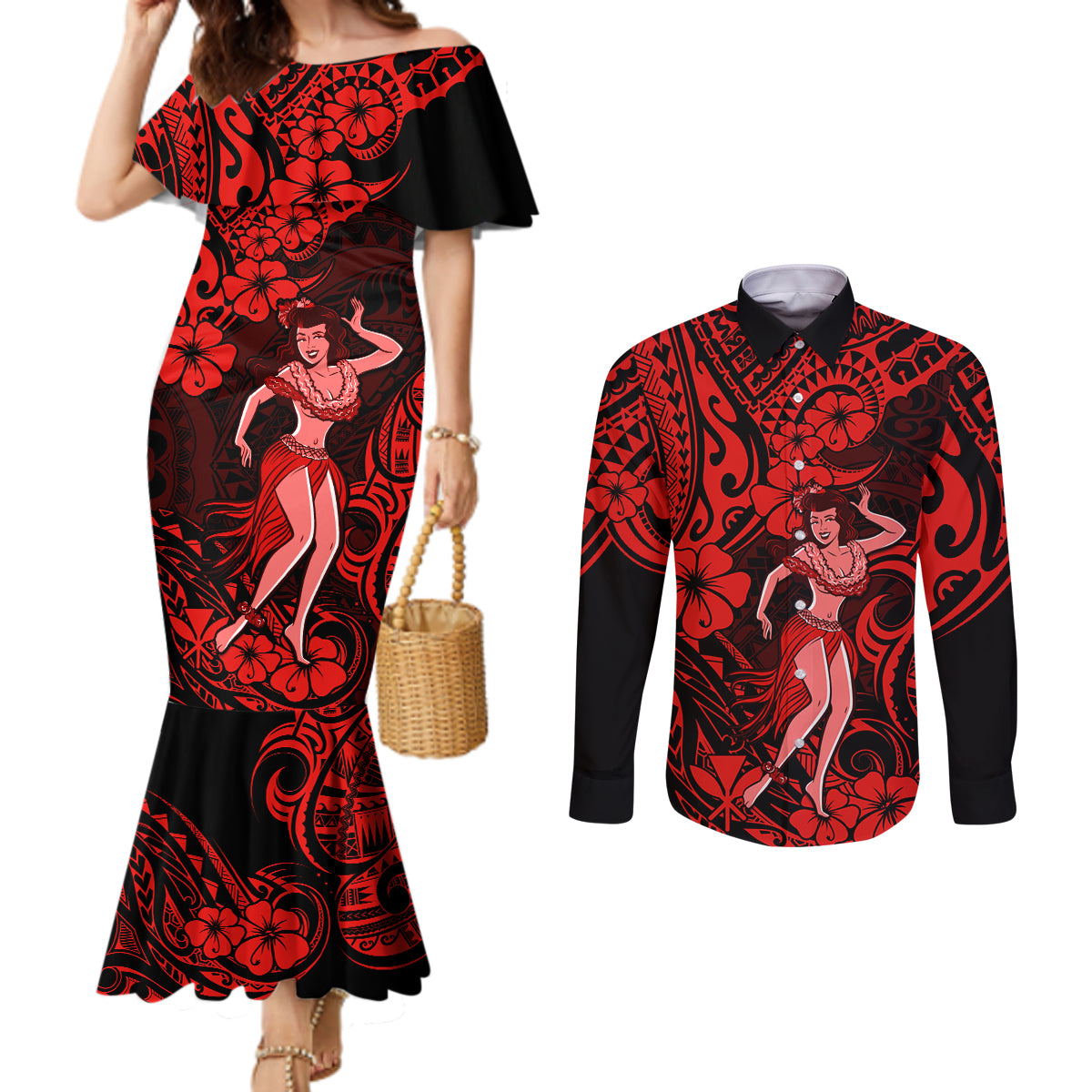 hawaii-hula-girl-couples-matching-mermaid-dress-and-long-sleeve-button-shirts-hibiscus-hawaii-tribal-tattoo-red-version