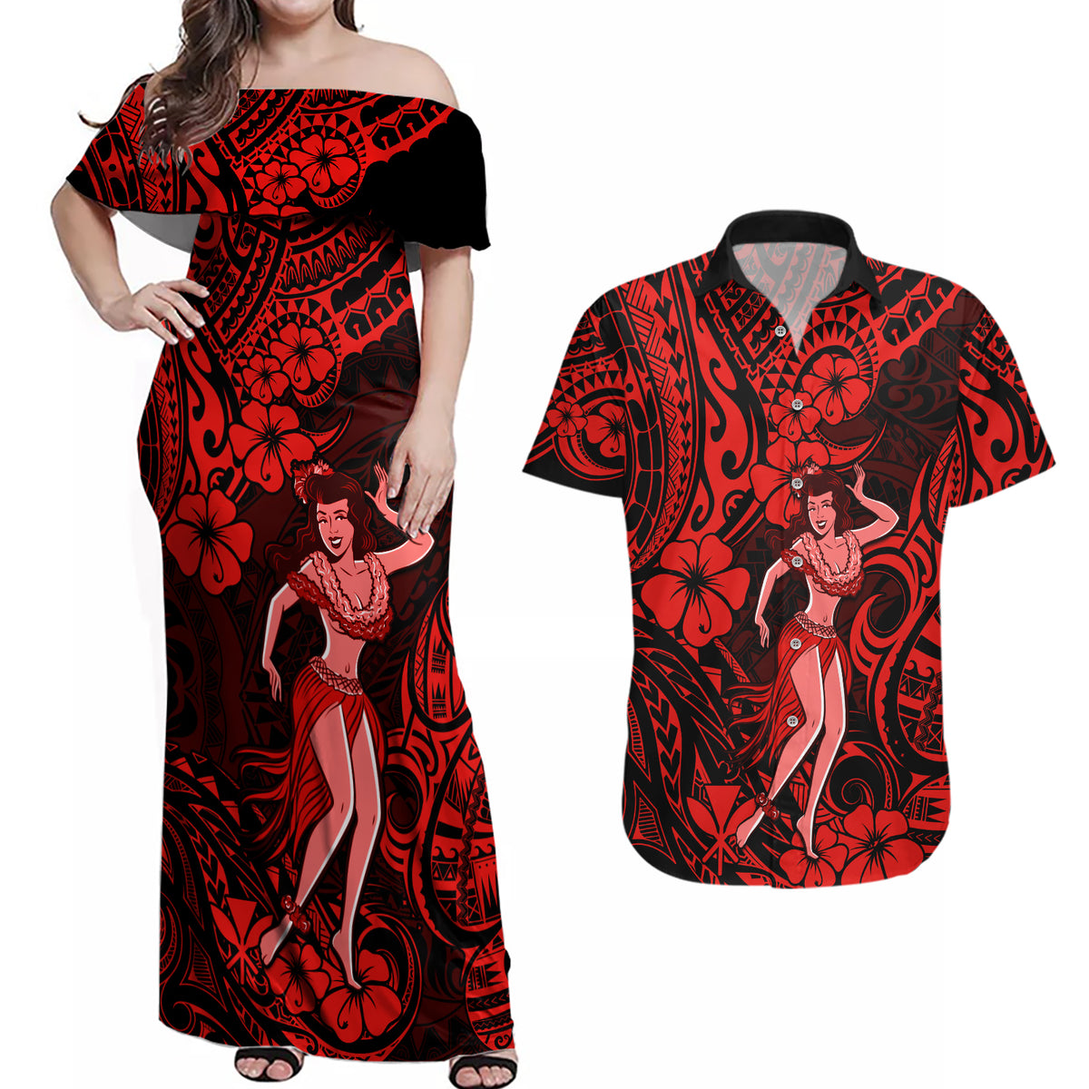 Hawaii Hula Girl Couples Matching Off Shoulder Maxi Dress and Hawaiian Shirt Hibiscus Hawaii Tribal Tattoo Red Version - Wonder Print Shop