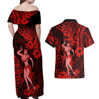Hawaii Hula Girl Couples Matching Off Shoulder Maxi Dress and Hawaiian Shirt Hibiscus Hawaii Tribal Tattoo Red Version - Wonder Print Shop