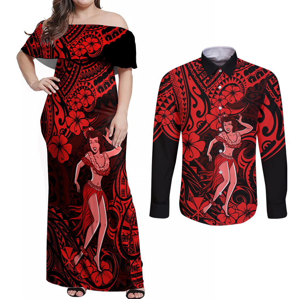 Hawaii Hula Girl Couples Matching Off Shoulder Maxi Dress and Long Sleeve Button Shirts Hibiscus Hawaii Tribal Tattoo Red Version - Wonder Print Shop