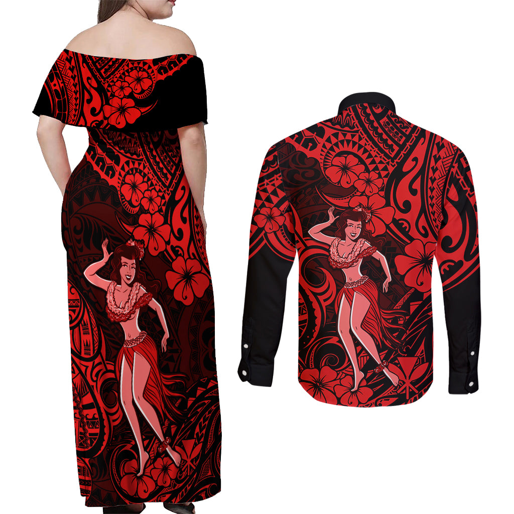 Hawaii Hula Girl Couples Matching Off Shoulder Maxi Dress and Long Sleeve Button Shirts Hibiscus Hawaii Tribal Tattoo Red Version - Wonder Print Shop