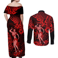 Hawaii Hula Girl Couples Matching Off Shoulder Maxi Dress and Long Sleeve Button Shirts Hibiscus Hawaii Tribal Tattoo Red Version - Wonder Print Shop