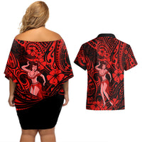 Hawaii Hula Girl Couples Matching Off Shoulder Short Dress and Hawaiian Shirt Hibiscus Hawaii Tribal Tattoo Red Version - Wonder Print Shop