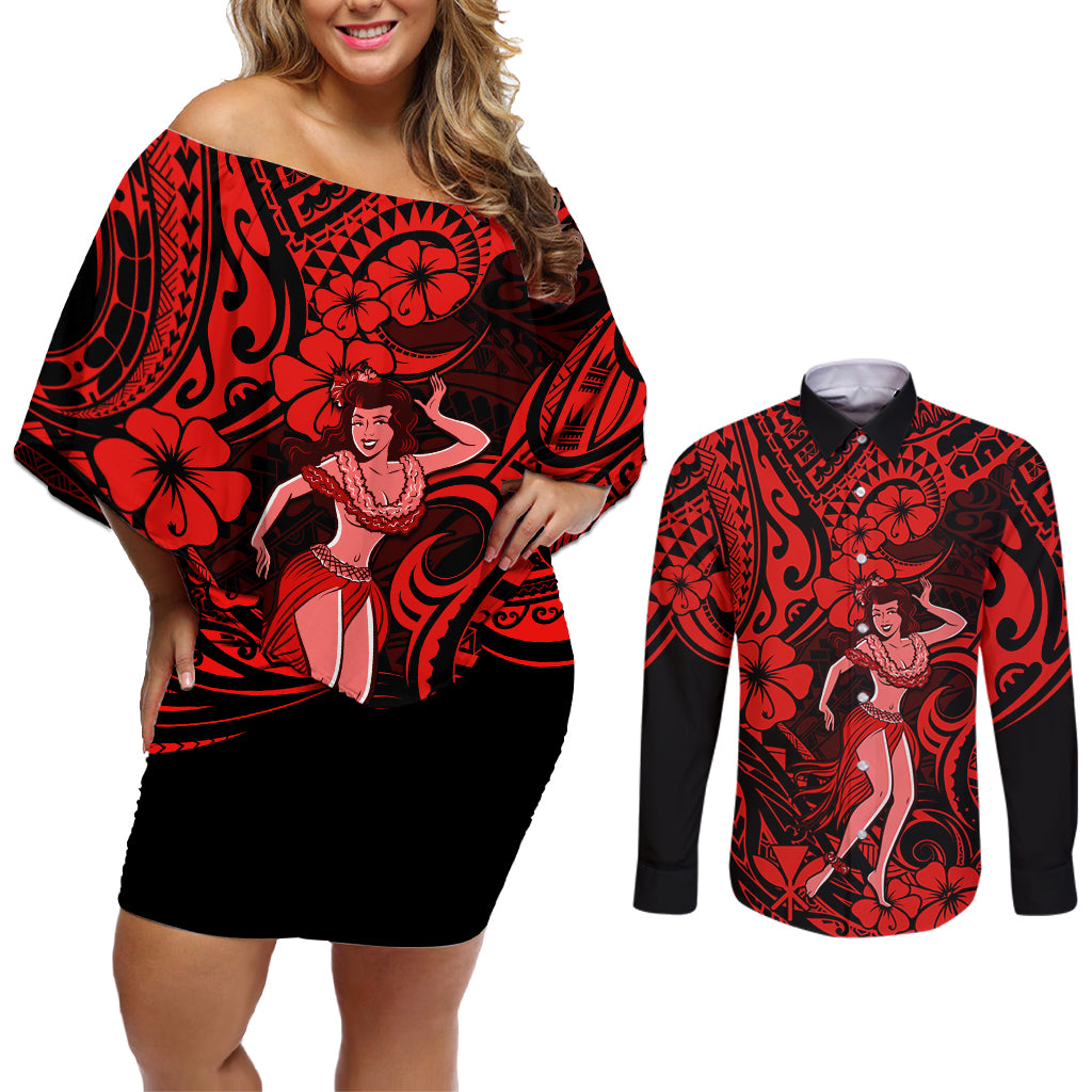 Hawaii Hula Girl Couples Matching Off Shoulder Short Dress and Long Sleeve Button Shirts Hibiscus Hawaii Tribal Tattoo Red Version - Wonder Print Shop