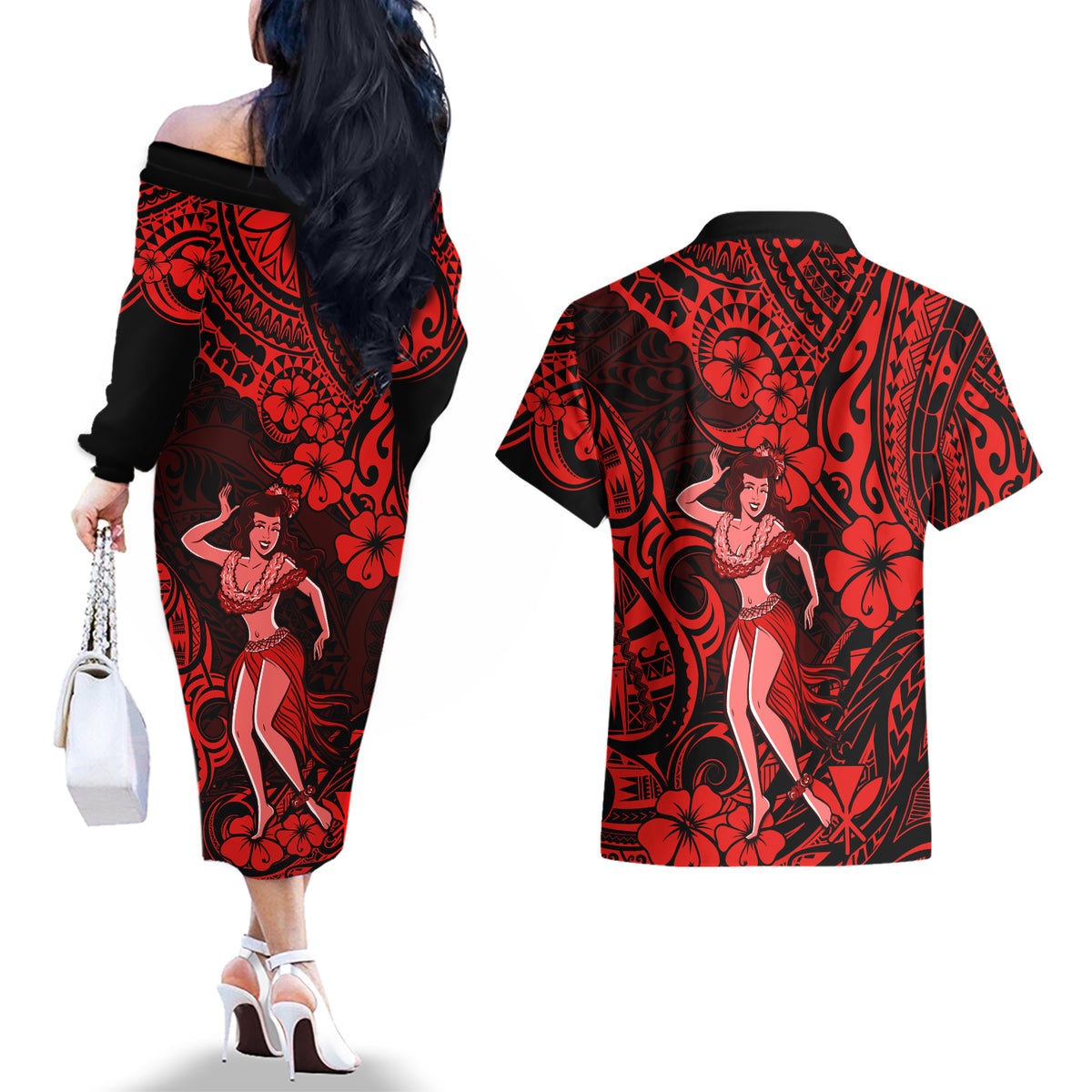 Hawaii Hula Girl Couples Matching Off The Shoulder Long Sleeve Dress and Hawaiian Shirt Hibiscus Hawaii Tribal Tattoo Red Version - Wonder Print Shop