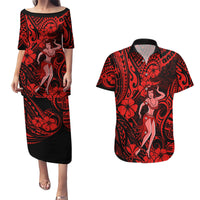Hawaii Hula Girl Couples Matching Puletasi Dress and Hawaiian Shirt Hibiscus Hawaii Tribal Tattoo Red Version - Wonder Print Shop