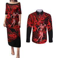 Hawaii Hula Girl Couples Matching Puletasi Dress and Long Sleeve Button Shirts Hibiscus Hawaii Tribal Tattoo Red Version - Wonder Print Shop