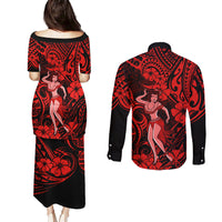 Hawaii Hula Girl Couples Matching Puletasi Dress and Long Sleeve Button Shirts Hibiscus Hawaii Tribal Tattoo Red Version - Wonder Print Shop