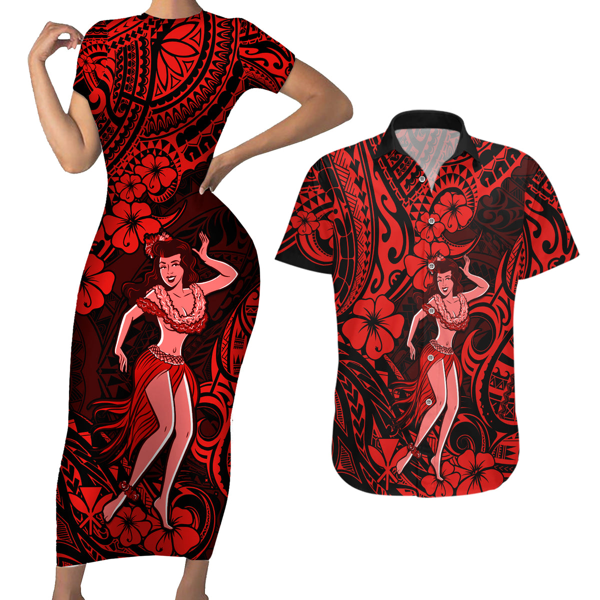 Hawaii Hula Girl Couples Matching Short Sleeve Bodycon Dress and Hawaiian Shirt Hibiscus Hawaii Tribal Tattoo Red Version - Wonder Print Shop