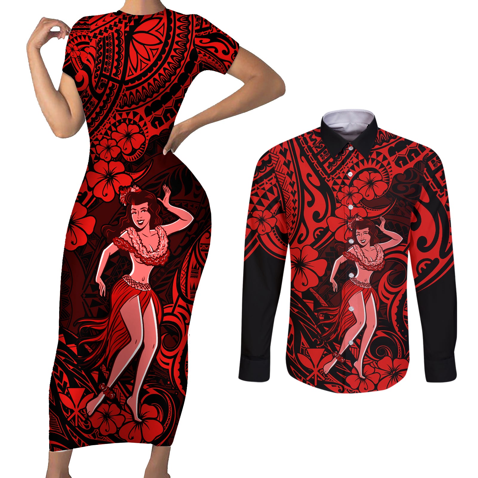 Hawaii Hula Girl Couples Matching Short Sleeve Bodycon Dress and Long Sleeve Button Shirts Hibiscus Hawaii Tribal Tattoo Red Version - Wonder Print Shop