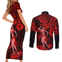 Hawaii Hula Girl Couples Matching Short Sleeve Bodycon Dress and Long Sleeve Button Shirts Hibiscus Hawaii Tribal Tattoo Red Version - Wonder Print Shop
