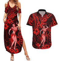 Hawaii Hula Girl Couples Matching Summer Maxi Dress and Hawaiian Shirt Hibiscus Hawaii Tribal Tattoo Red Version - Wonder Print Shop