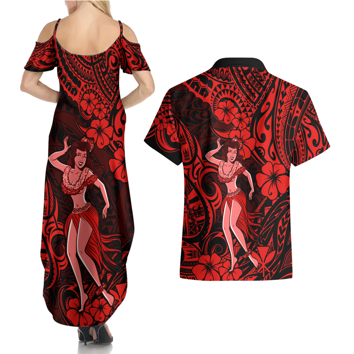 Hawaii Hula Girl Couples Matching Summer Maxi Dress and Hawaiian Shirt Hibiscus Hawaii Tribal Tattoo Red Version - Wonder Print Shop