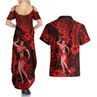 Hawaii Hula Girl Couples Matching Summer Maxi Dress and Hawaiian Shirt Hibiscus Hawaii Tribal Tattoo Red Version - Wonder Print Shop