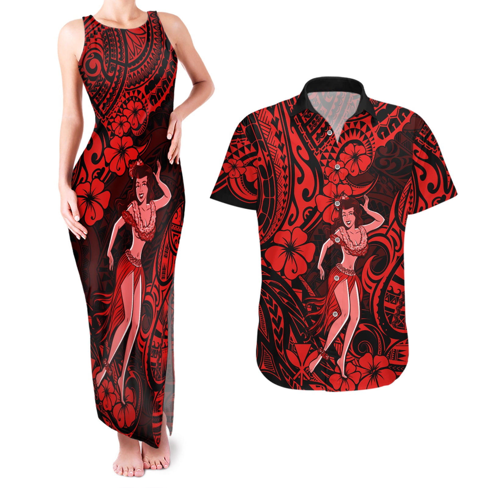 Hawaii Hula Girl Couples Matching Tank Maxi Dress and Hawaiian Shirt Hibiscus Hawaii Tribal Tattoo Red Version - Wonder Print Shop