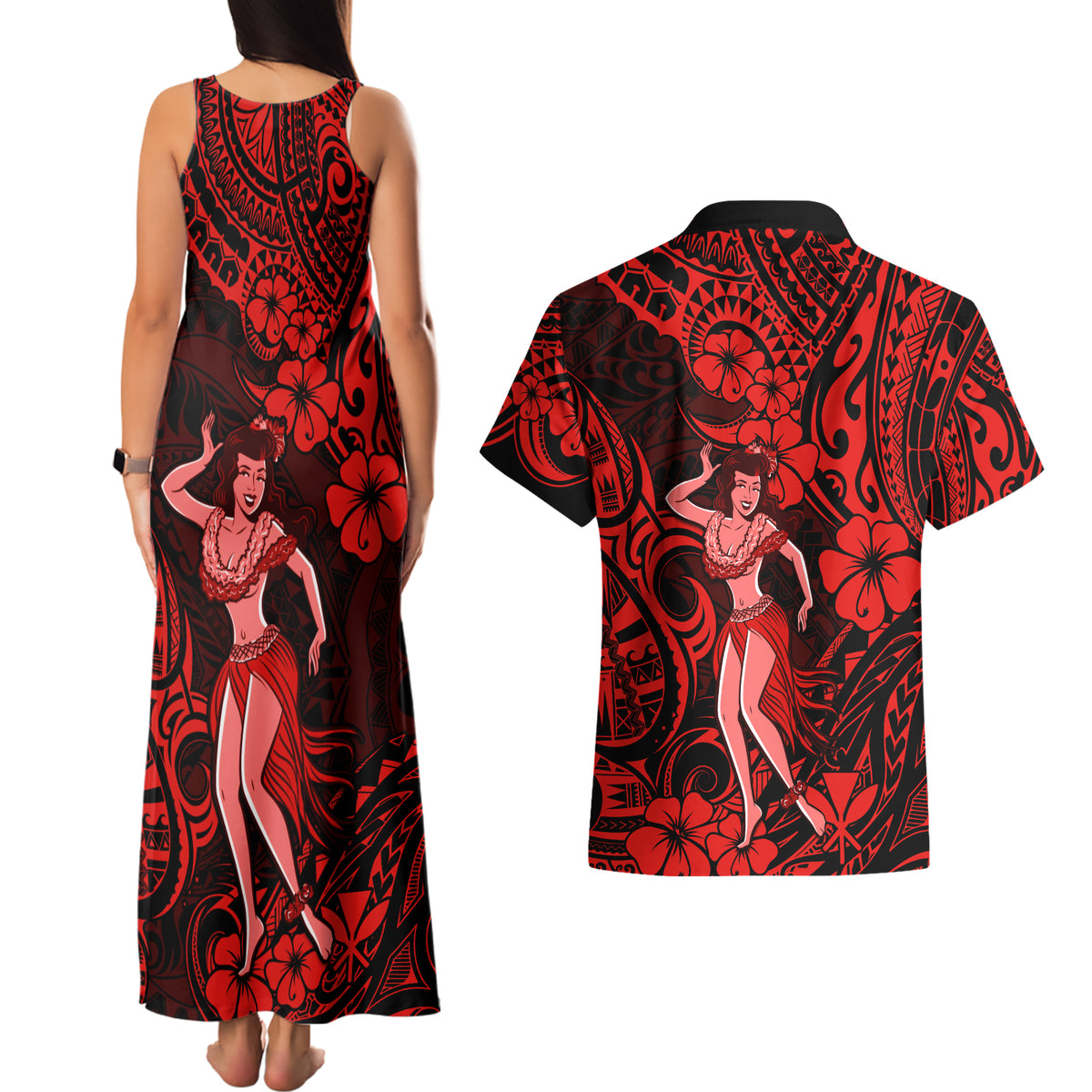 Hawaii Hula Girl Couples Matching Tank Maxi Dress and Hawaiian Shirt Hibiscus Hawaii Tribal Tattoo Red Version - Wonder Print Shop
