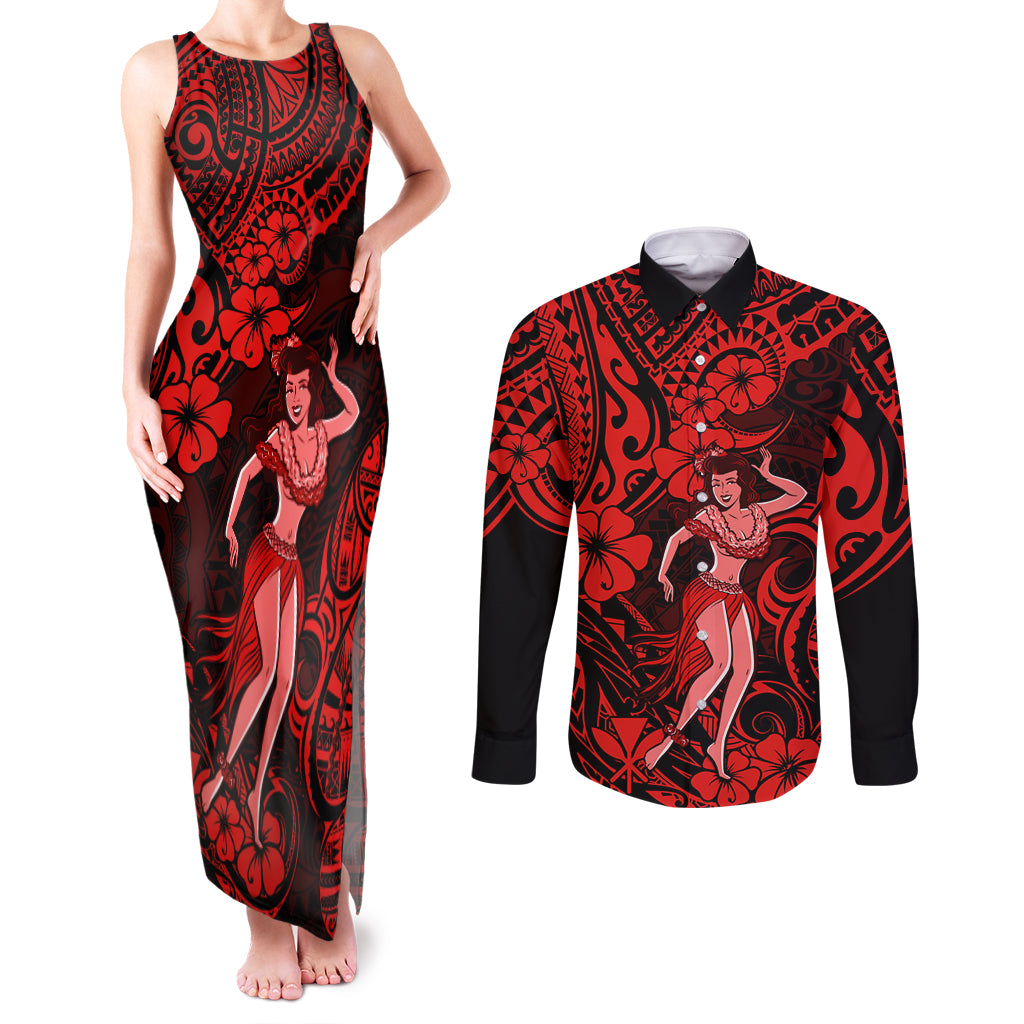 Hawaii Hula Girl Couples Matching Tank Maxi Dress and Long Sleeve Button Shirts Hibiscus Hawaii Tribal Tattoo Red Version - Wonder Print Shop