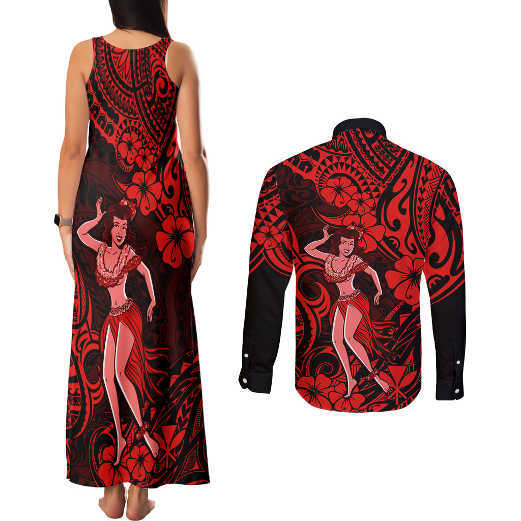 Hawaii Hula Girl Couples Matching Tank Maxi Dress and Long Sleeve Button Shirts Hibiscus Hawaii Tribal Tattoo Red Version - Wonder Print Shop