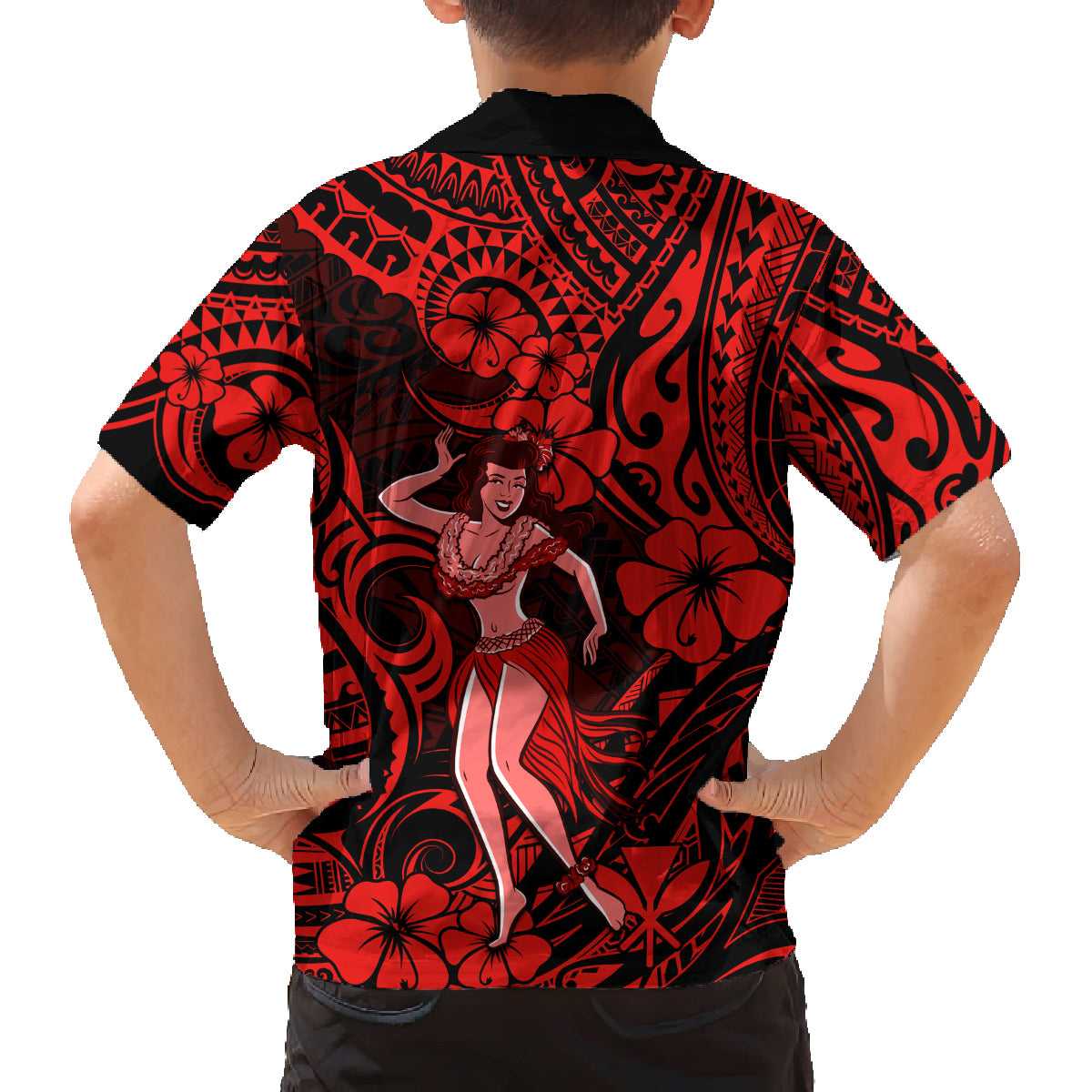 Hawaii Hula Girl Family Matching Long Sleeve Bodycon Dress and Hawaiian Shirt Hibiscus Hawaii Tribal Tattoo Red Version - Wonder Print Shop