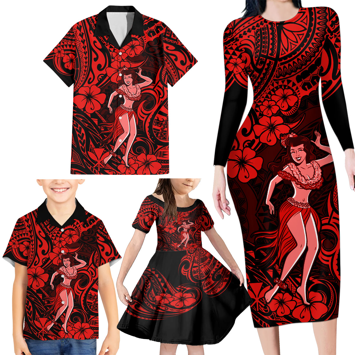 Hawaii Hula Girl Family Matching Long Sleeve Bodycon Dress and Hawaiian Shirt Hibiscus Hawaii Tribal Tattoo Red Version - Wonder Print Shop