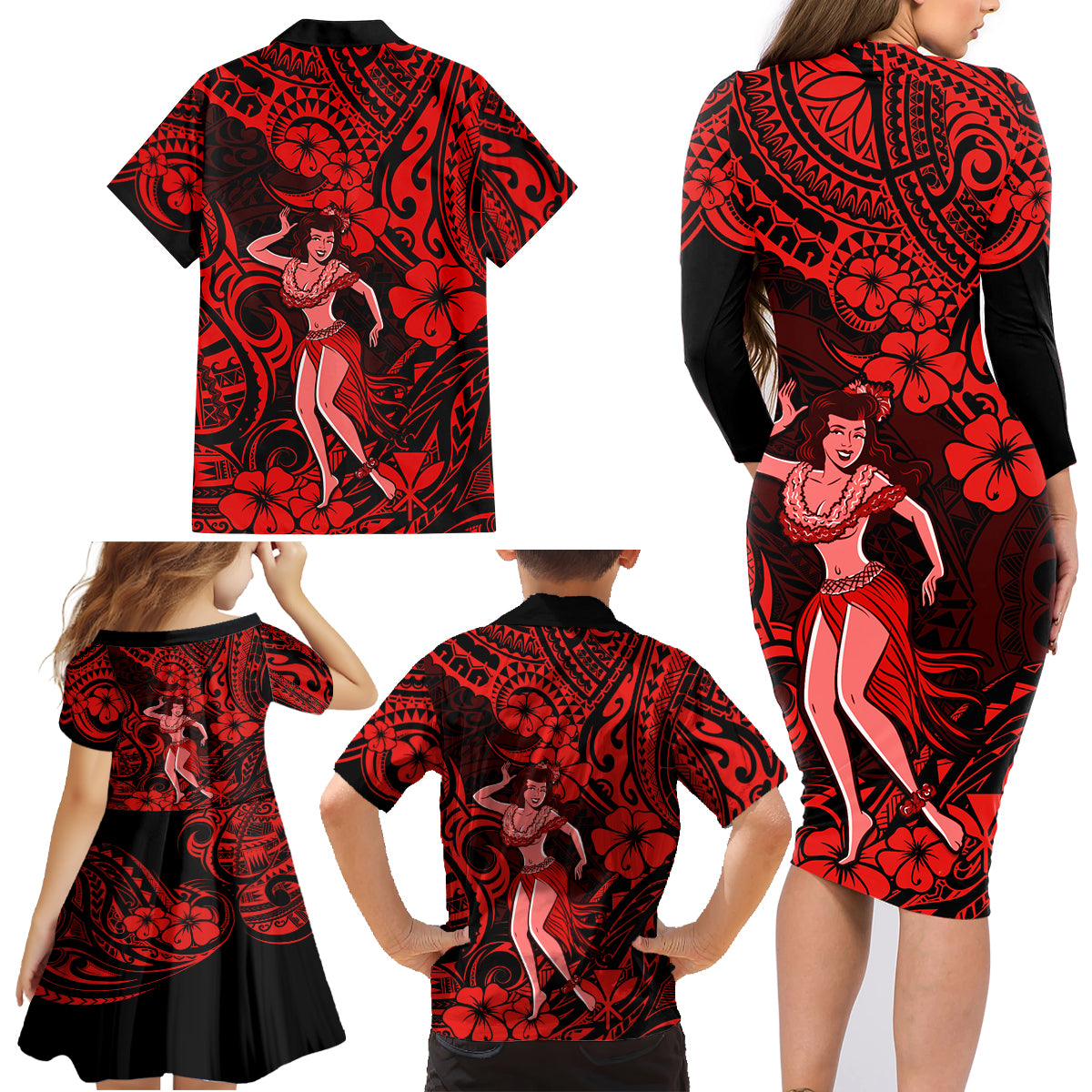 Hawaii Hula Girl Family Matching Long Sleeve Bodycon Dress and Hawaiian Shirt Hibiscus Hawaii Tribal Tattoo Red Version - Wonder Print Shop