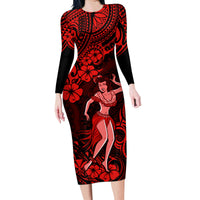 Hawaii Hula Girl Family Matching Long Sleeve Bodycon Dress and Hawaiian Shirt Hibiscus Hawaii Tribal Tattoo Red Version - Wonder Print Shop