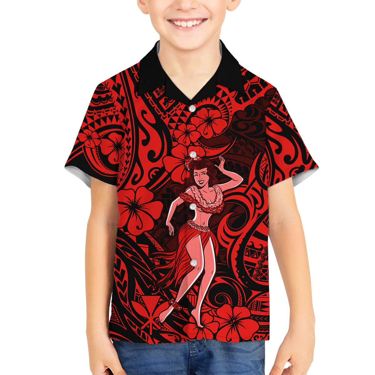 Hawaii Hula Girl Family Matching Long Sleeve Bodycon Dress and Hawaiian Shirt Hibiscus Hawaii Tribal Tattoo Red Version - Wonder Print Shop