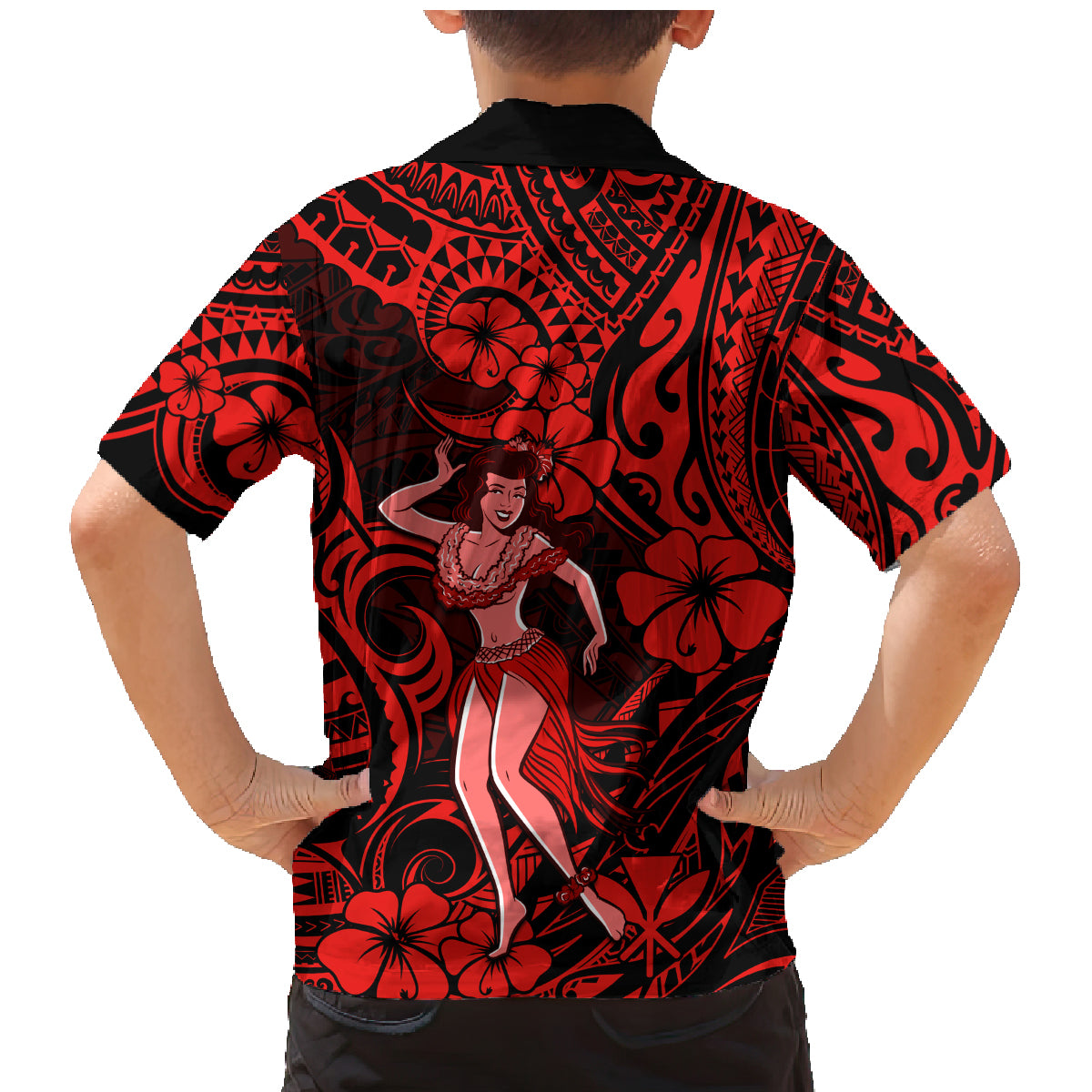 Hawaii Hula Girl Family Matching Mermaid Dress and Hawaiian Shirt Hibiscus Hawaii Tribal Tattoo Red Version - Wonder Print Shop