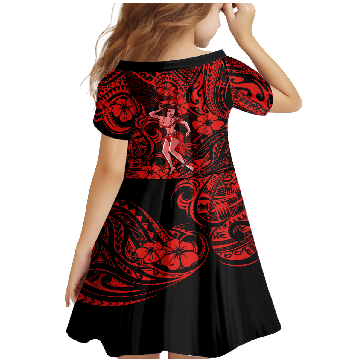 Hawaii Hula Girl Family Matching Mermaid Dress and Hawaiian Shirt Hibiscus Hawaii Tribal Tattoo Red Version - Wonder Print Shop