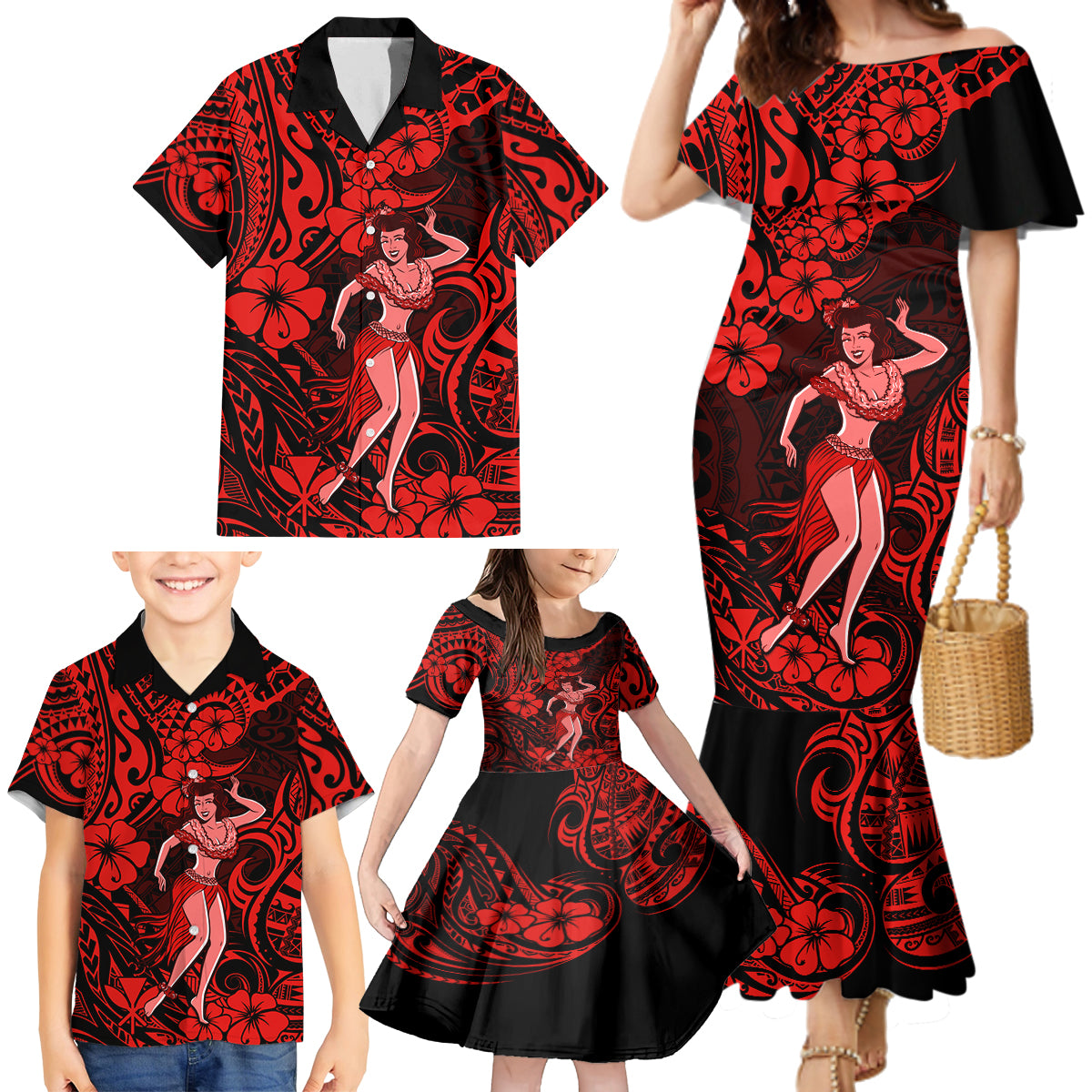 Hawaii Hula Girl Family Matching Mermaid Dress and Hawaiian Shirt Hibiscus Hawaii Tribal Tattoo Red Version - Wonder Print Shop