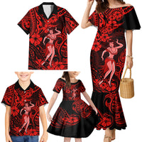 Hawaii Hula Girl Family Matching Mermaid Dress and Hawaiian Shirt Hibiscus Hawaii Tribal Tattoo Red Version - Wonder Print Shop