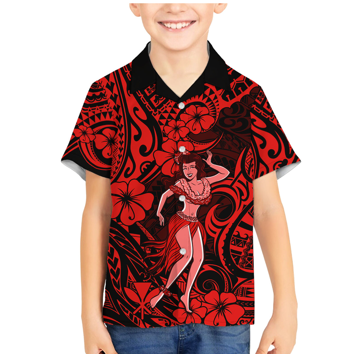 Hawaii Hula Girl Family Matching Mermaid Dress and Hawaiian Shirt Hibiscus Hawaii Tribal Tattoo Red Version - Wonder Print Shop