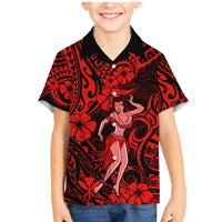 Hawaii Hula Girl Family Matching Mermaid Dress and Hawaiian Shirt Hibiscus Hawaii Tribal Tattoo Red Version - Wonder Print Shop