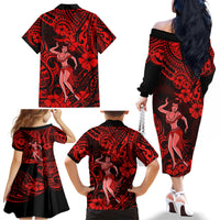 Hawaii Hula Girl Family Matching Off Shoulder Long Sleeve Dress and Hawaiian Shirt Hibiscus Hawaii Tribal Tattoo Red Version - Wonder Print Shop
