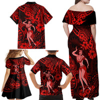 Hawaii Hula Girl Family Matching Off Shoulder Maxi Dress and Hawaiian Shirt Hibiscus Hawaii Tribal Tattoo Red Version - Wonder Print Shop