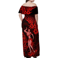 Hawaii Hula Girl Family Matching Off Shoulder Maxi Dress and Hawaiian Shirt Hibiscus Hawaii Tribal Tattoo Red Version - Wonder Print Shop