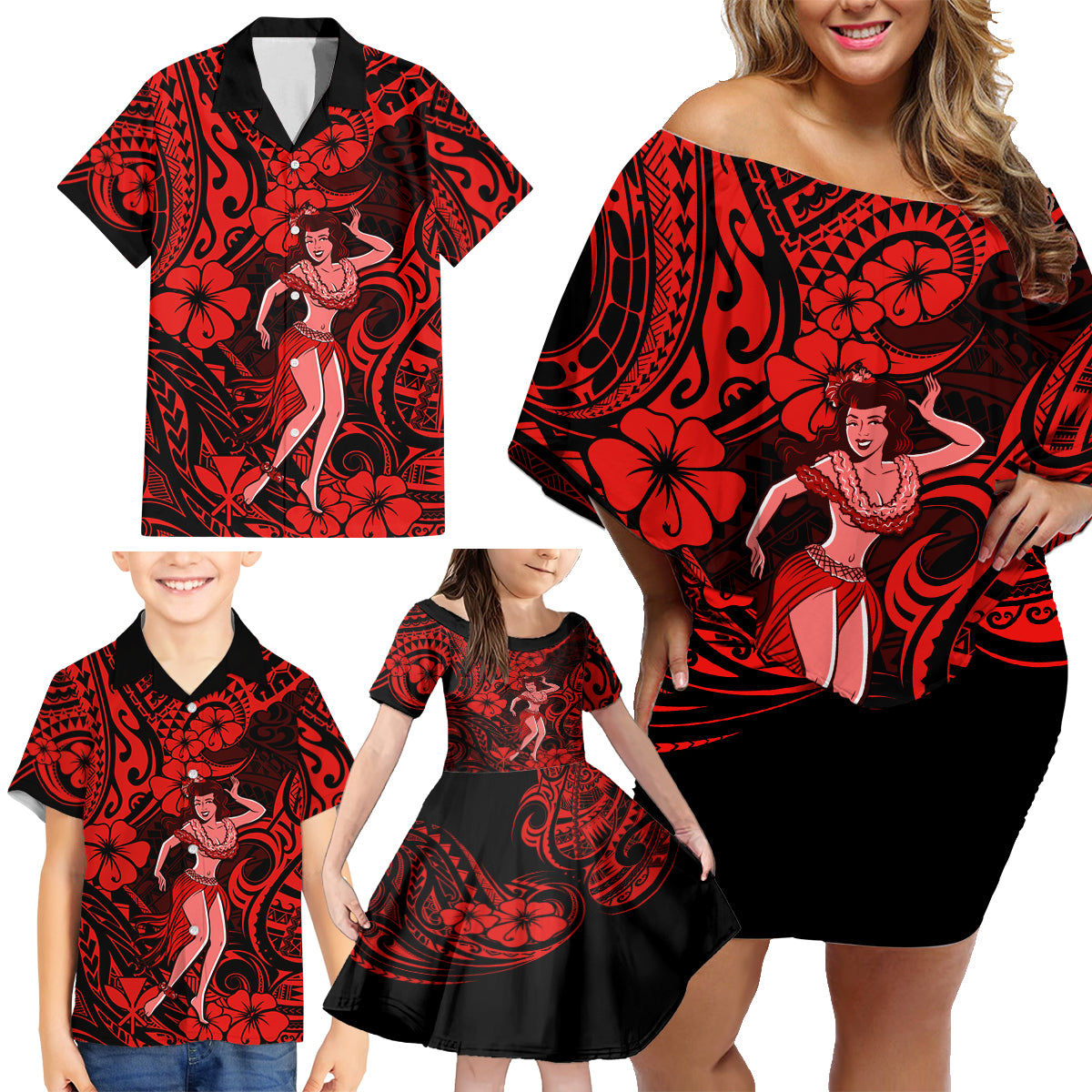 Hawaii Hula Girl Family Matching Off Shoulder Short Dress and Hawaiian Shirt Hibiscus Hawaii Tribal Tattoo Red Version - Wonder Print Shop