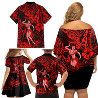 Hawaii Hula Girl Family Matching Off Shoulder Short Dress and Hawaiian Shirt Hibiscus Hawaii Tribal Tattoo Red Version - Wonder Print Shop