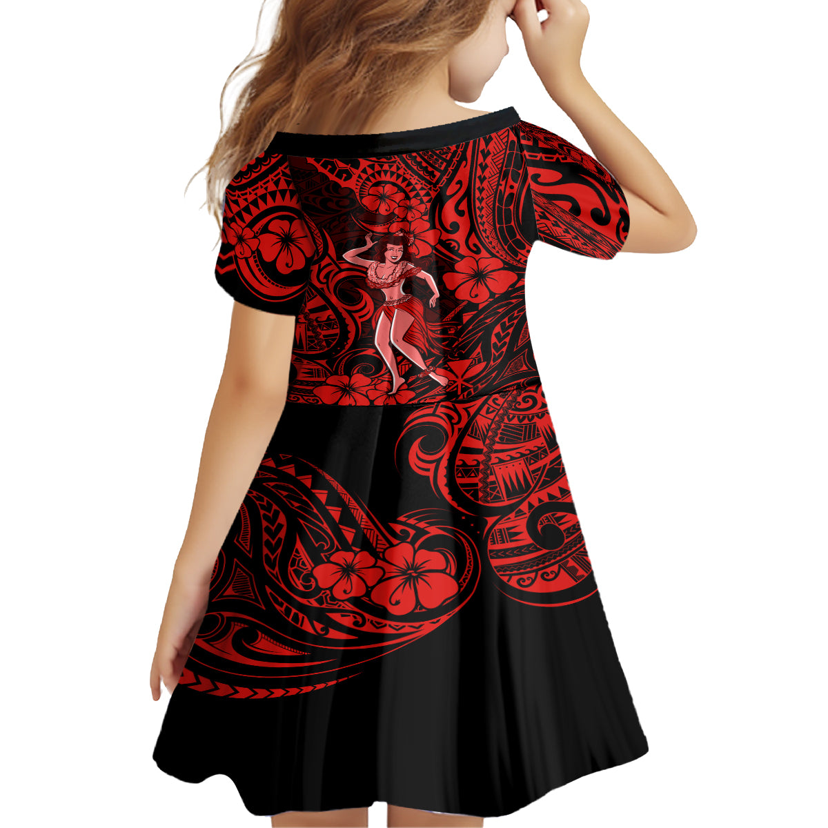 Hawaii Hula Girl Family Matching Puletasi Dress and Hawaiian Shirt Hibiscus Hawaii Tribal Tattoo Red Version - Wonder Print Shop