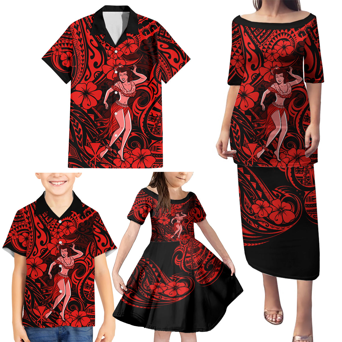Hawaii Hula Girl Family Matching Puletasi Dress and Hawaiian Shirt Hibiscus Hawaii Tribal Tattoo Red Version - Wonder Print Shop