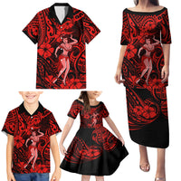 Hawaii Hula Girl Family Matching Puletasi Dress and Hawaiian Shirt Hibiscus Hawaii Tribal Tattoo Red Version - Wonder Print Shop