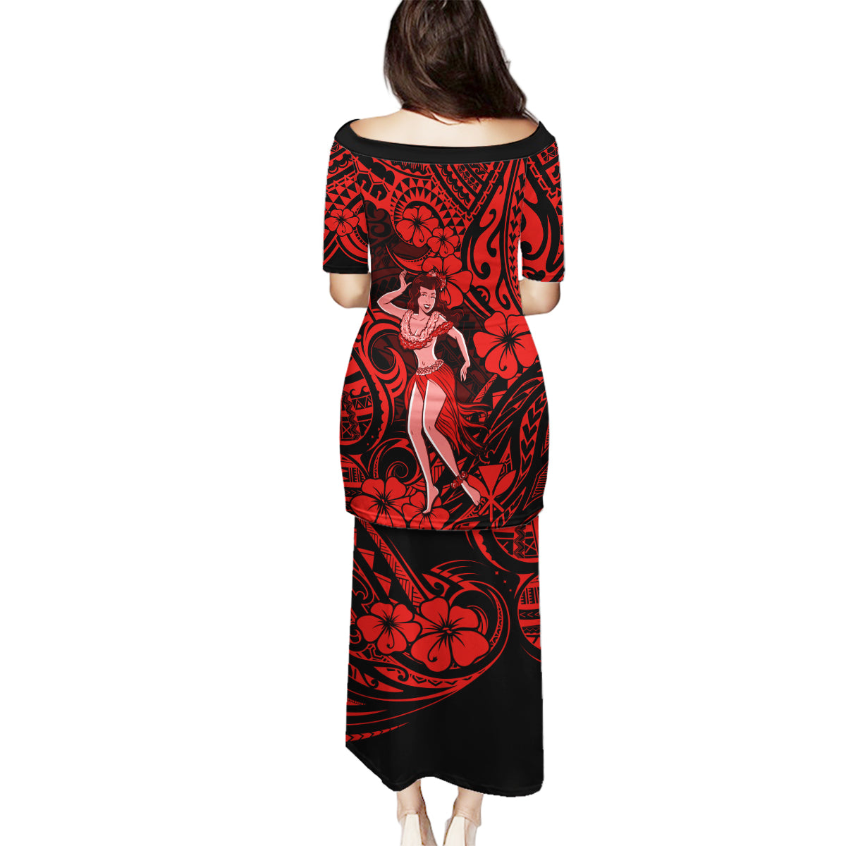 Hawaii Hula Girl Family Matching Puletasi Dress and Hawaiian Shirt Hibiscus Hawaii Tribal Tattoo Red Version - Wonder Print Shop