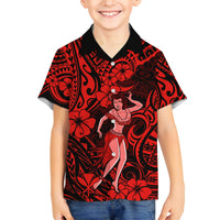 Hawaii Hula Girl Family Matching Puletasi Dress and Hawaiian Shirt Hibiscus Hawaii Tribal Tattoo Red Version - Wonder Print Shop